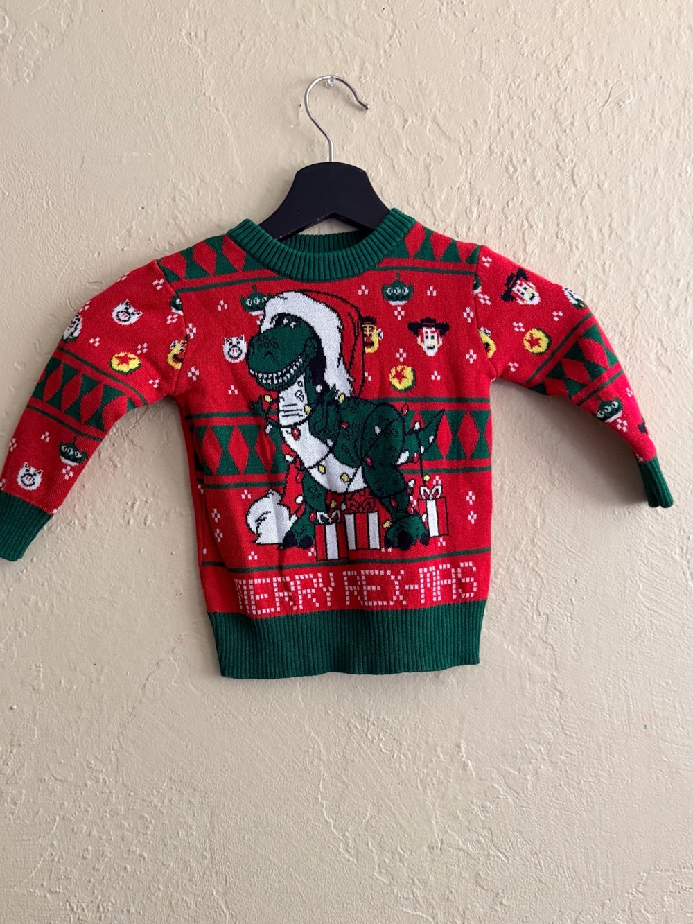 Disney Kids Red & Green Dinosaur Holiday Sweater